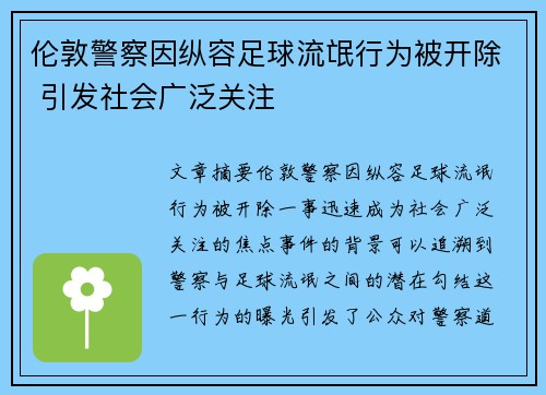 伦敦警察因纵容足球流氓行为被开除 引发社会广泛关注
