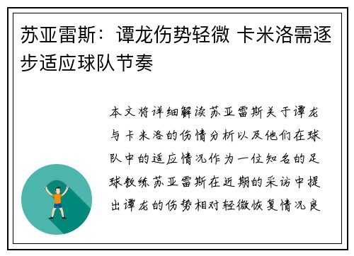 苏亚雷斯：谭龙伤势轻微 卡米洛需逐步适应球队节奏