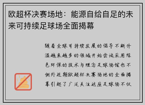 欧超杯决赛场地：能源自给自足的未来可持续足球场全面揭幕
