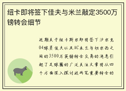 纽卡即将签下佳夫与米兰敲定3500万镑转会细节